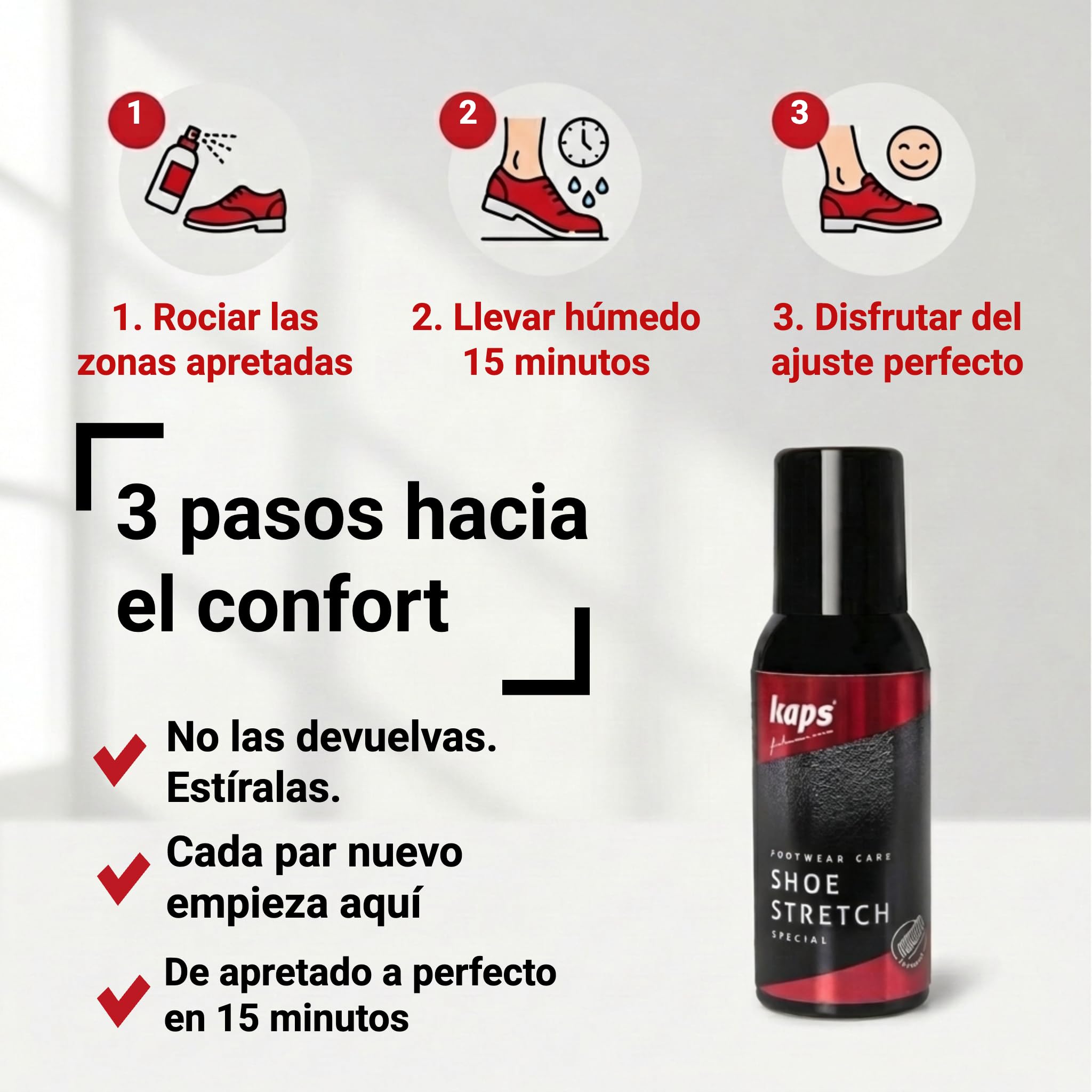 Kaps Spray Dilatador Espuma para Zapatos de Piel - Ablanda Zapatos Rígidos y Elimina Puntos de Presión - Estirador de Botas - Ideal para Calzado Nuevo