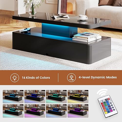 Miniatura 4 de Mesas modernas de sala de estar, mesa de centro LED con luces LED, mesa central rectangular de 2 niveles con gran almacenamiento, superficie de alto