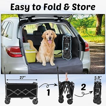 Wagons Carts Foldable, 360 Lbs with Adjustable Handle, Black Lightweight Portable, Collapsible Wagon for Beach Trip, Camping, Shopping, Sports, Travel, Picnic and Grocery (Dark Black)