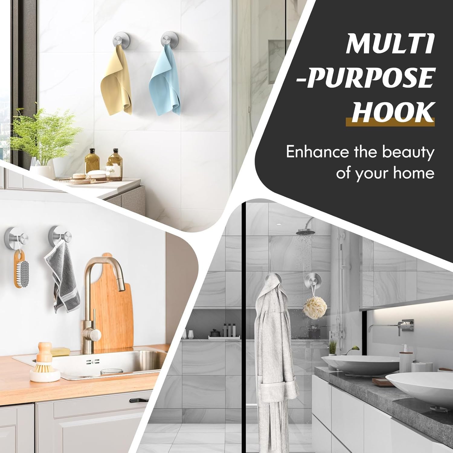 Stainless Steel Suction Cup Hook No Drill, Heavy Duty Vacuum Suction Towel & Robe Hook for Bathroom Shower, Removable Wall Hook for Tile Glass Mirror, Waterproof Rustproof, Reusable (1 Pack)