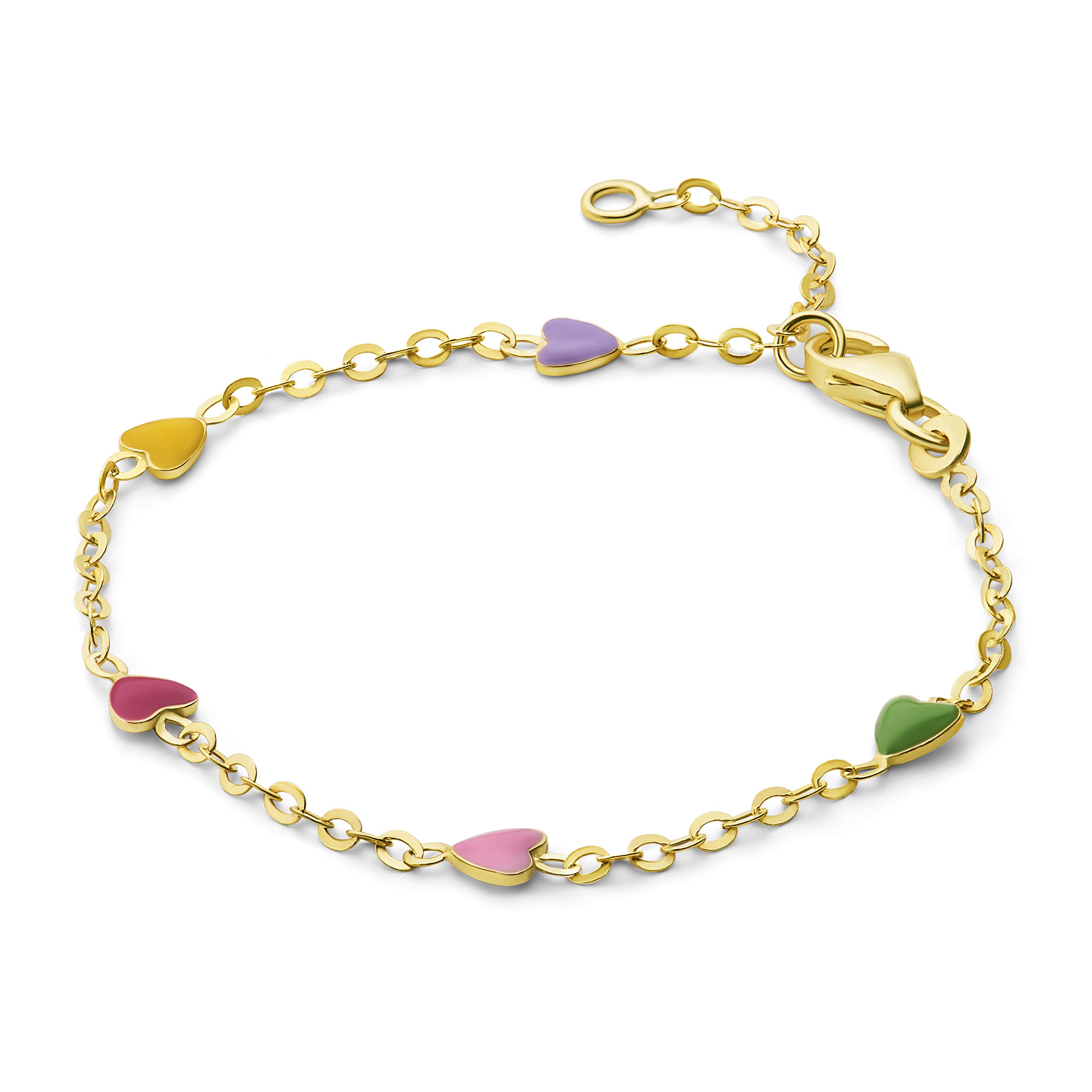 MIOREKids colourful children's bracelet with 5 enamel hearts in 9 karat 375 yellow gold, length 14 cm (12 cm + 2 cm extention) spring ring closure