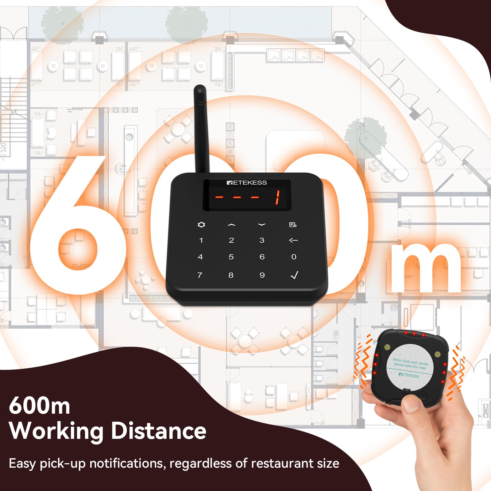 Retekess TD186 Cercapersone Ristorante, 600M Pager Ristorante, 20 Cercapersone, Design Anti-Ribaltamento, 3 Livelli di Volume, 3 Intensità di Vibrazione, 300 mAh Disk Pager Per Food Truck, Bar, Hotel