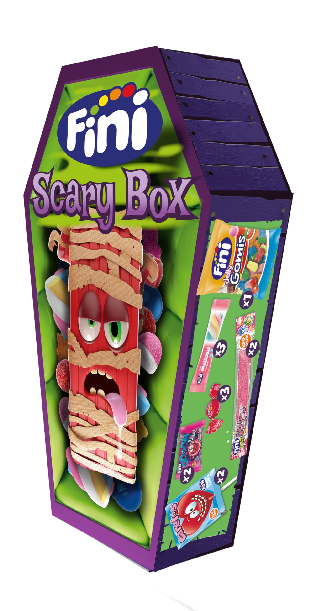 Fini Ataúd Scary Box | Surtido de Dulces con Gominolas, Piruletas, Geles y Caramelos Duros Rellenos de Chicles | Golosinas y Chuches para Halloween, Cumpleaños y Regalos - 92 gr