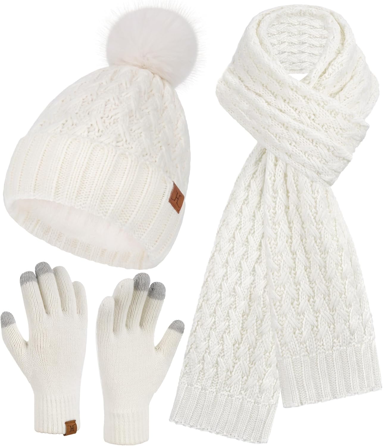 Womens Winter Beanie Hat Touchscreen Gloves Long Neck Scarf Set Warm Knit Caps with Pom Fleece Gifts for Women