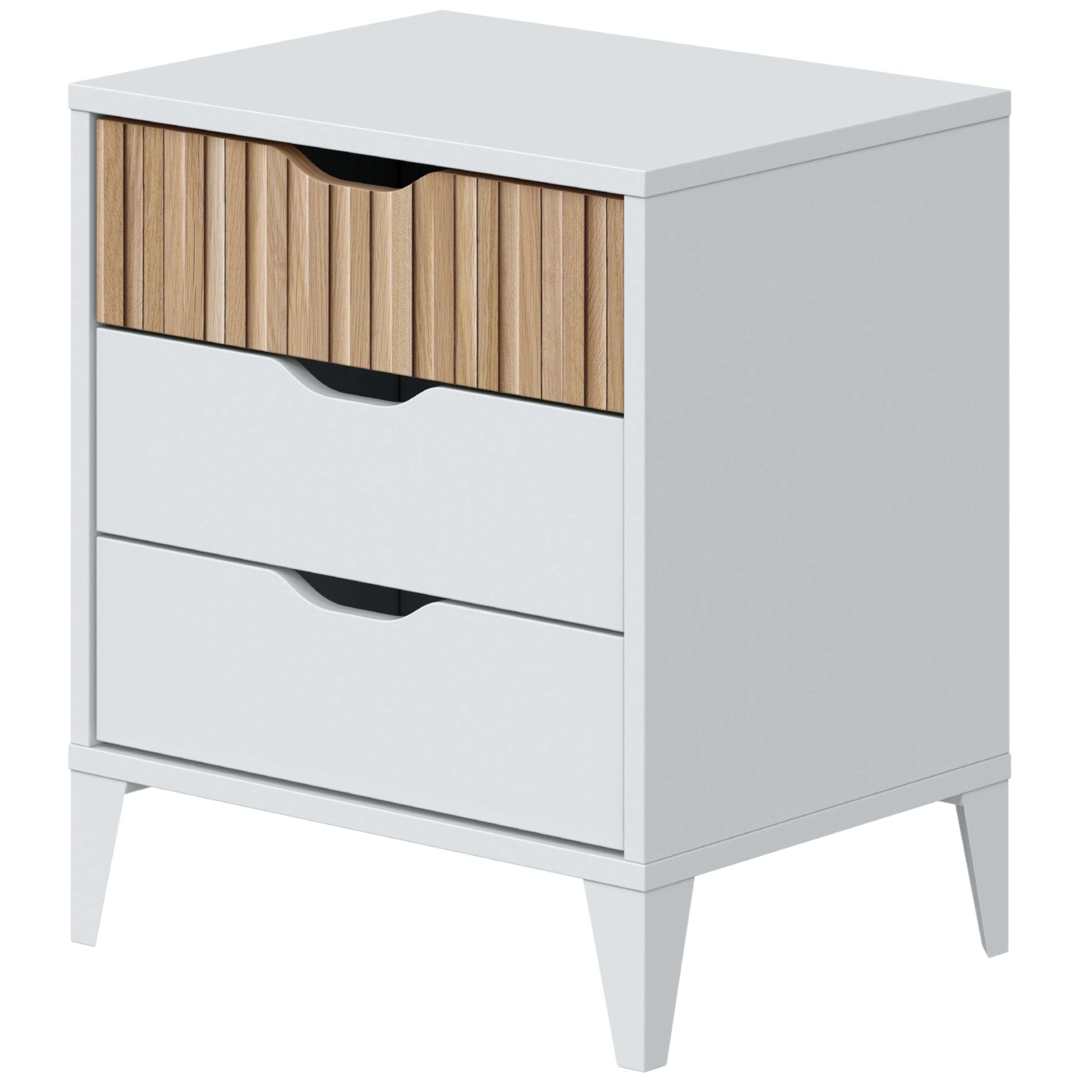 Bricohabitat Mesita de Noche con 3 Cajones Mesilla de Noche Dormitorio Noite Blanco Artik y Roble Natur 44x50x33 cm