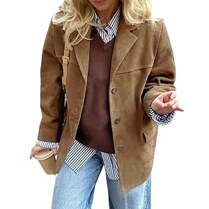 ZWRXW Faux Suede Jacket Women Faux Leather Blazer Jackets Vintage Brown Long Sleeve Button Down Shacket Lapel Suit