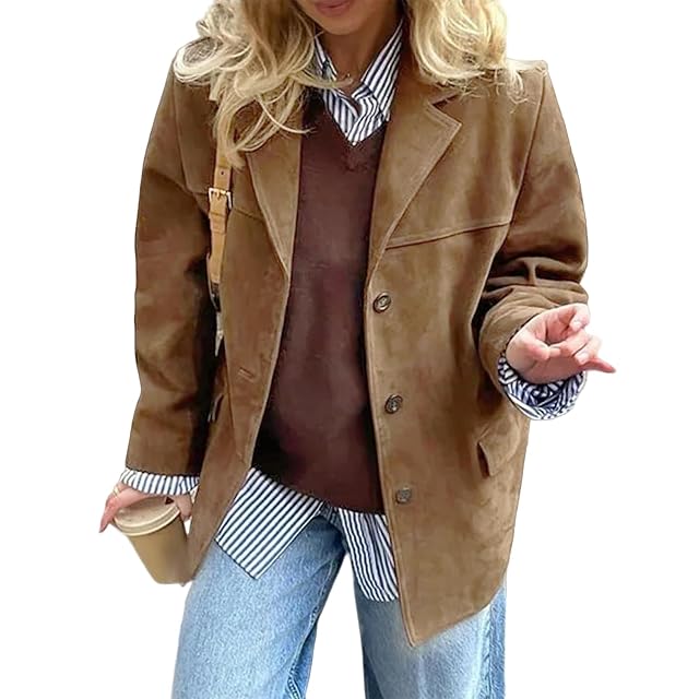ZWRXW Faux Suede Jacket Women Faux Leather Blazer Jackets Vintage Brown Long Sleeve Button Down Shacket Lapel Suit