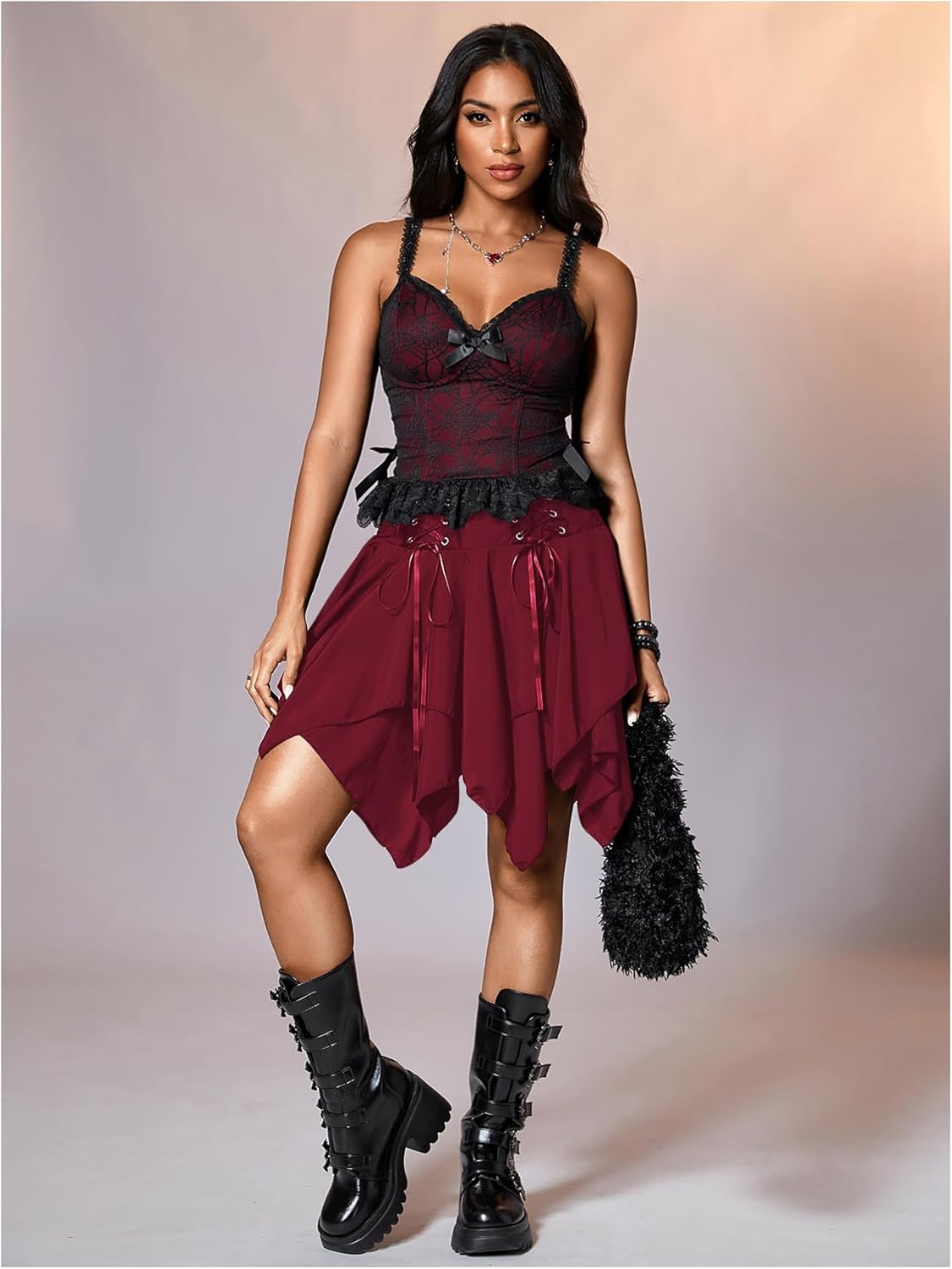 Verdusa Women's Flowy Y2k Goth Skirt Fairy Renaissance Ruffle Skort Lace Up Asymmetrical Mini Skirts - Image 5