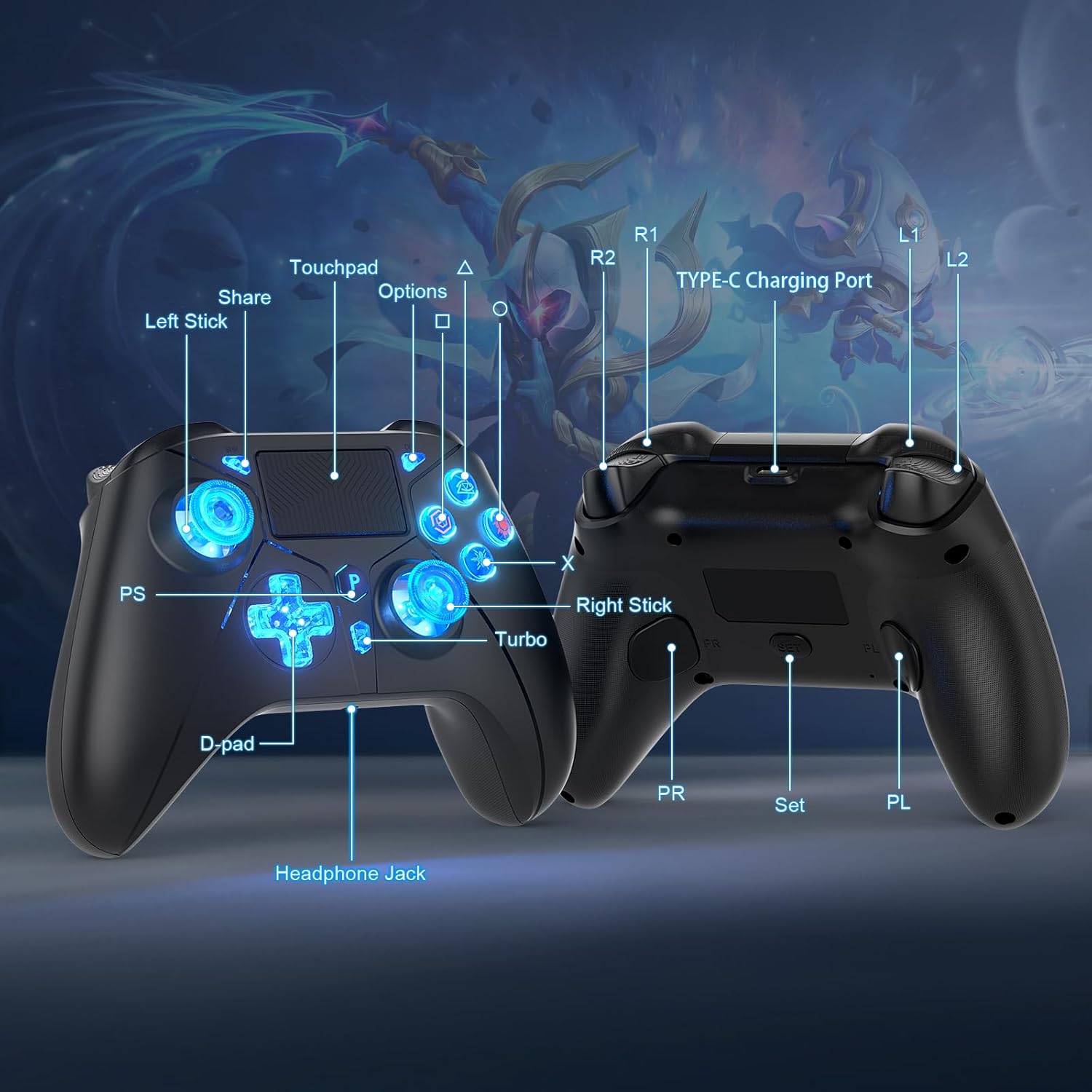 Dinosoo RGB Wireless Controller for PS5 with LED Light, Compatible with Playstation 5|Playstation 4|PC, Supports Remap and Adjustable Turbo, Controller Full Functions Support, with 2.4g Adapter Black image 7 of 7 B0FLK84KPC