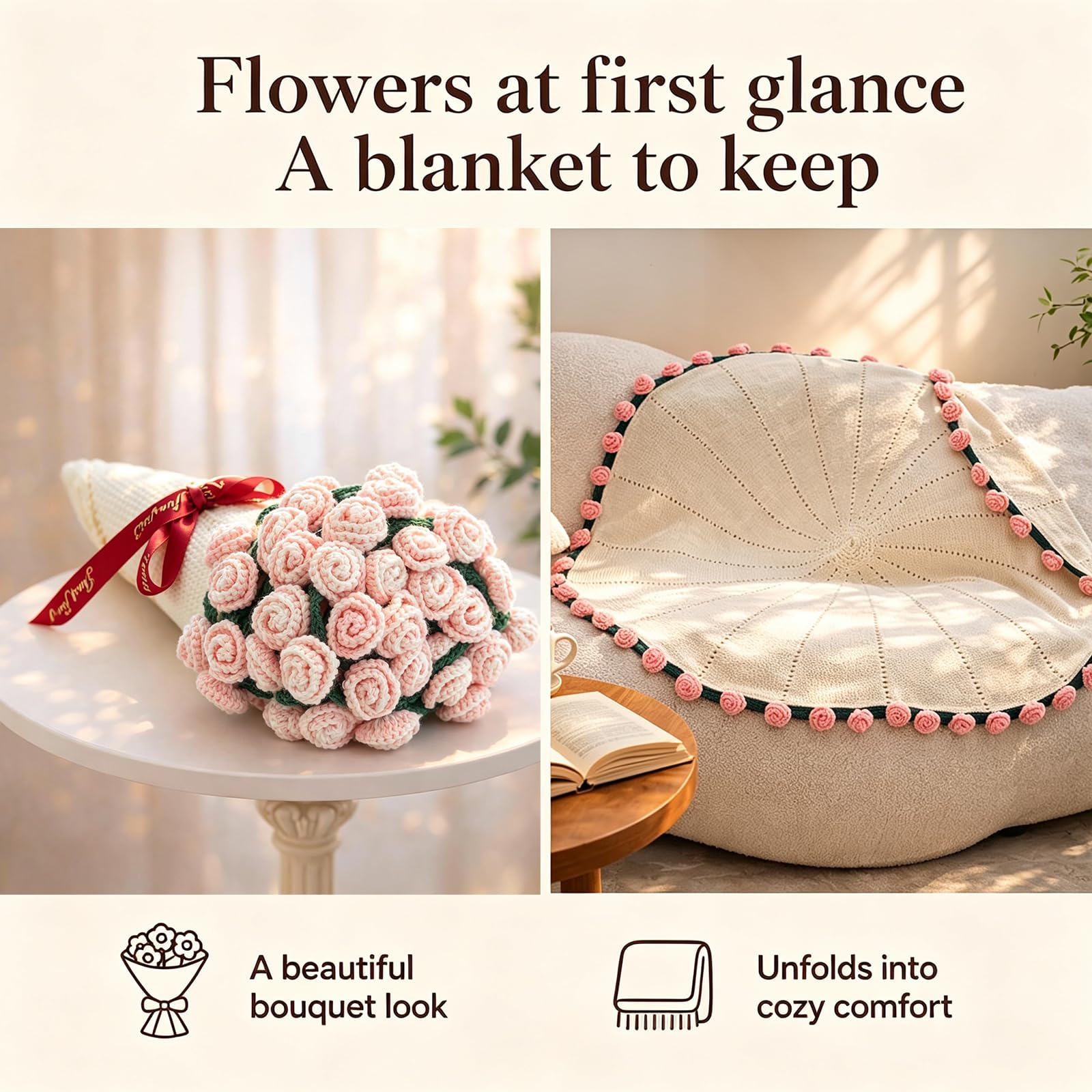 Crochet Flower Blanket Gift Basket - Women's Care Package -3