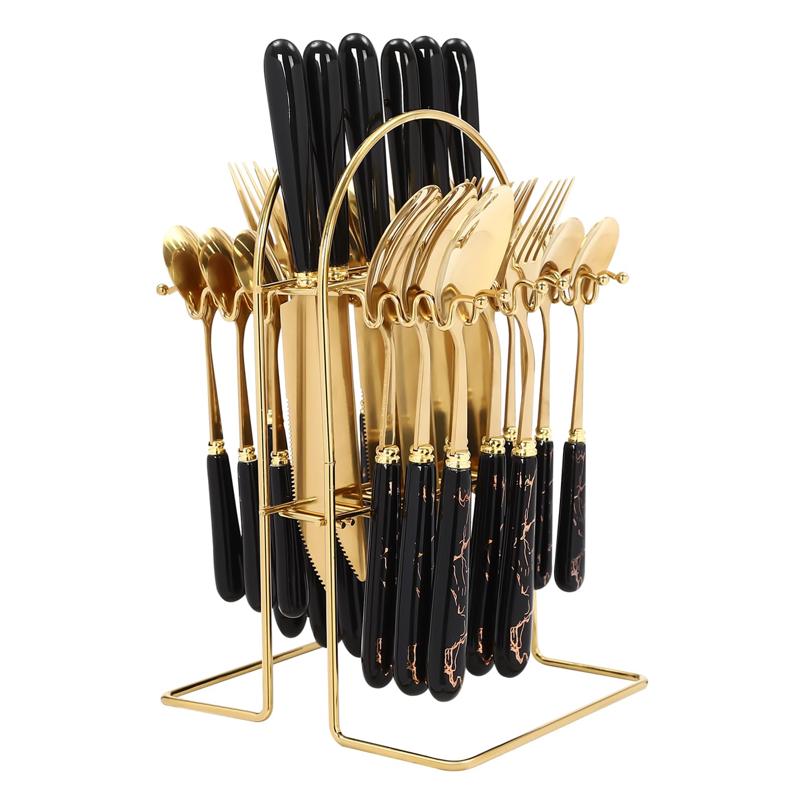 24-Piece Cutlery Dinner Set Stainless Steel Metal Rack Forks, Teaspoons Dinnerware New Fork and Teaspoon Draining Sturdy Durable Stylish Look Comfortable Experience Smooth Edges (Black Gold)