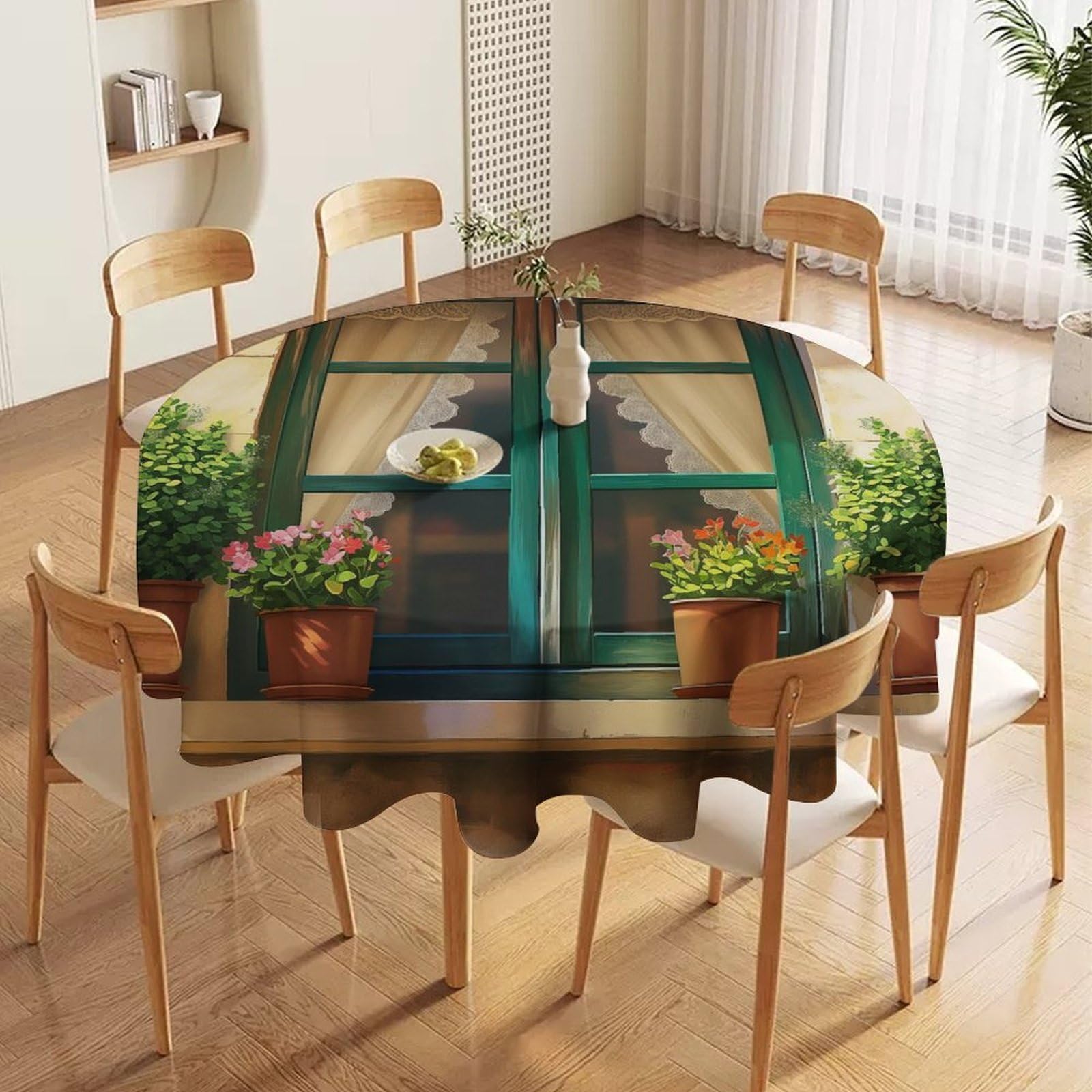 ORDOBO Round Table Cover -Window View Fashion Tablecloth Protector 3D Print Wipeable Outdoor Table Cover For Kitchen Dining Home Decoration 127X127Cm