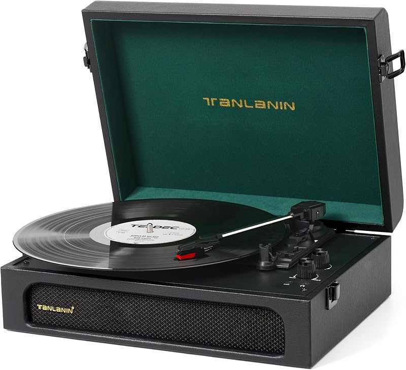 Vinyl Record Player with Built-in Speakers Bass/Treble Gain Vintage Portable Bluetooth Turntable Record Player Black & Green (Litchi Pattern)