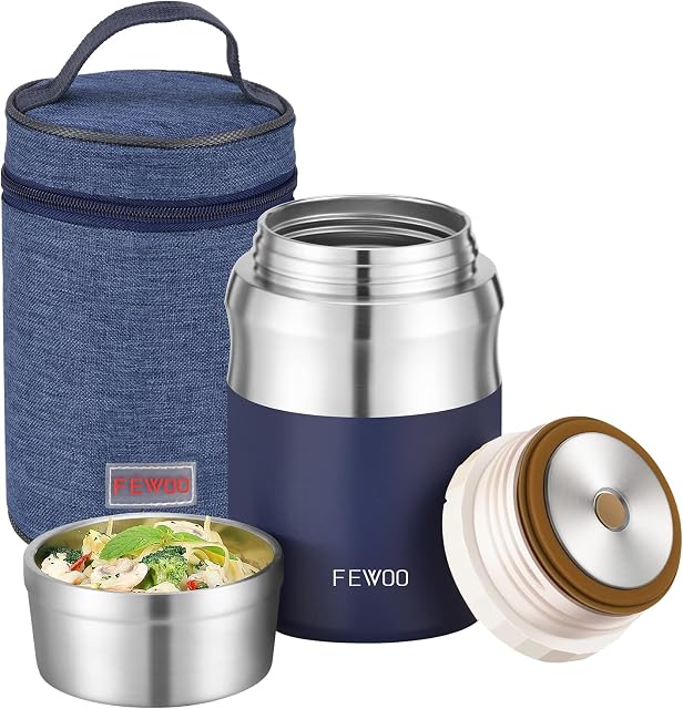 FEWOO Food Jar,720ml Vacuum Insulated Stainless Steel Lunch Box, Leak Proof Soup Containers with bag for Hot or Cold Food (Blue 720ml)