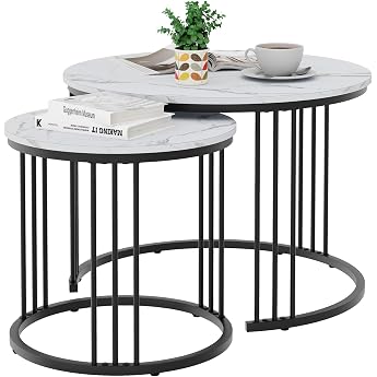 Round Coffee Table Set of 2 Living Room Table Coffee Table Made of Wood Side Table Set Sofa Table for Living Room Office Balcony Black Metal Frame and White Marble Table Top