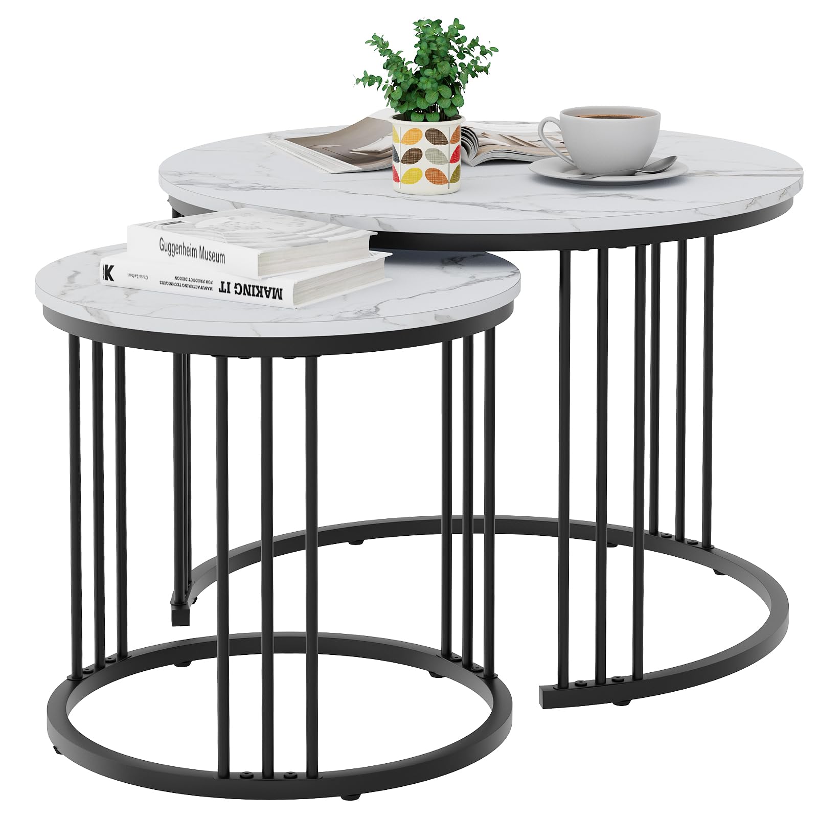 Couchtisch Rund, Satztisch 2er Set, Wohnzimmertisch, Couchtisch aus Holz, Beistelltisch Set, Sofatisch für Wohnzimmer, Schlafzimmer, Büro, Balkon, Schwarz Metallgestell und Weiß Marmor Tischplatte