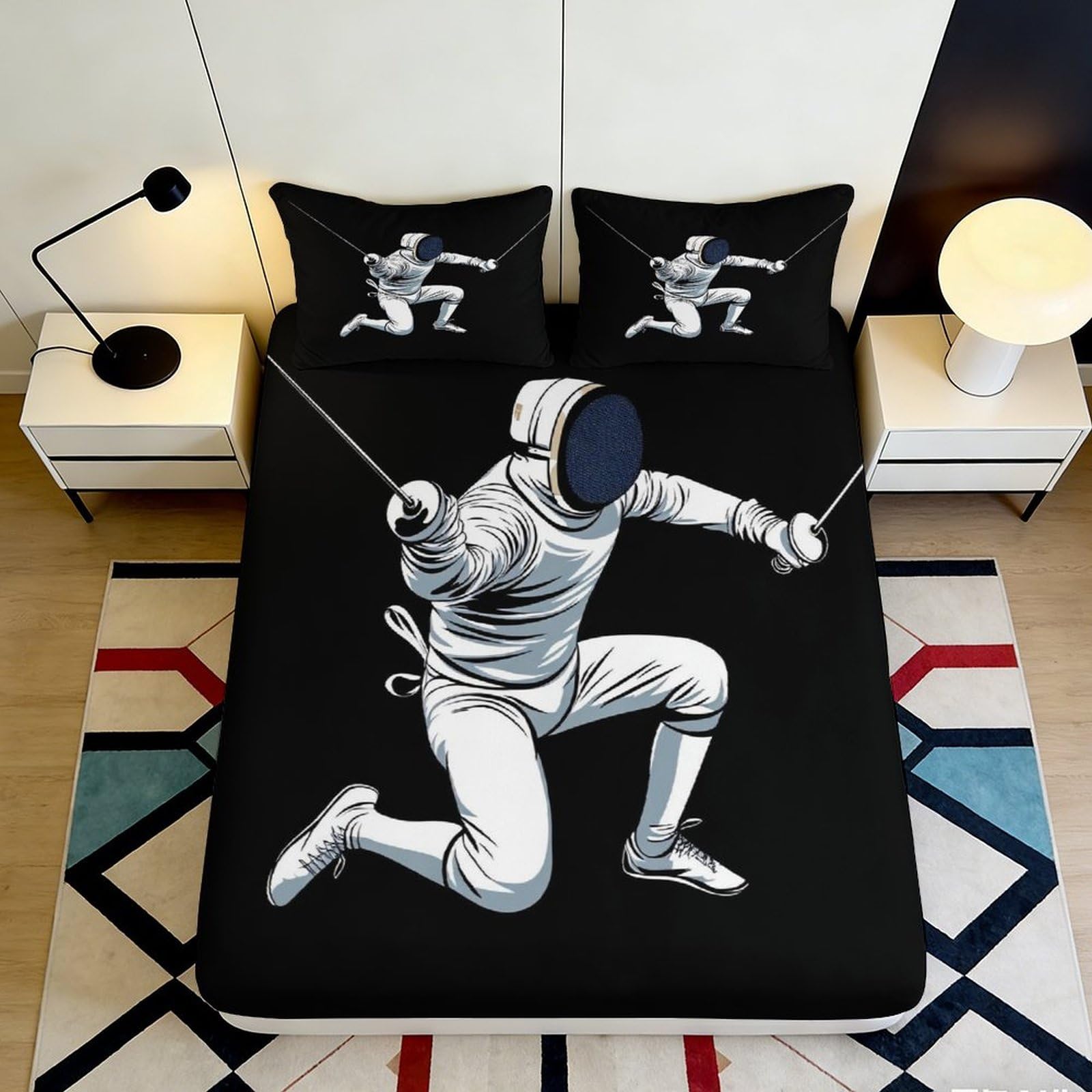 3D Printed Fencing Athlete Fitted Sheet Microfiber Soft Black Bed Cover for Bedroom Guest Room Decor Easy Care 90x200x25cm
