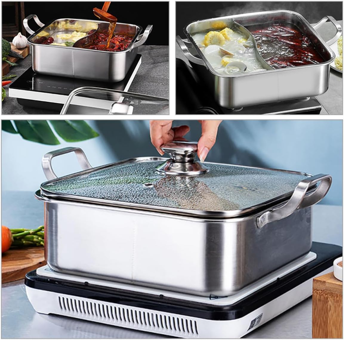 Divided Hot Pot Cooker with Divider, Stainless Steel Double Flavor Xmas