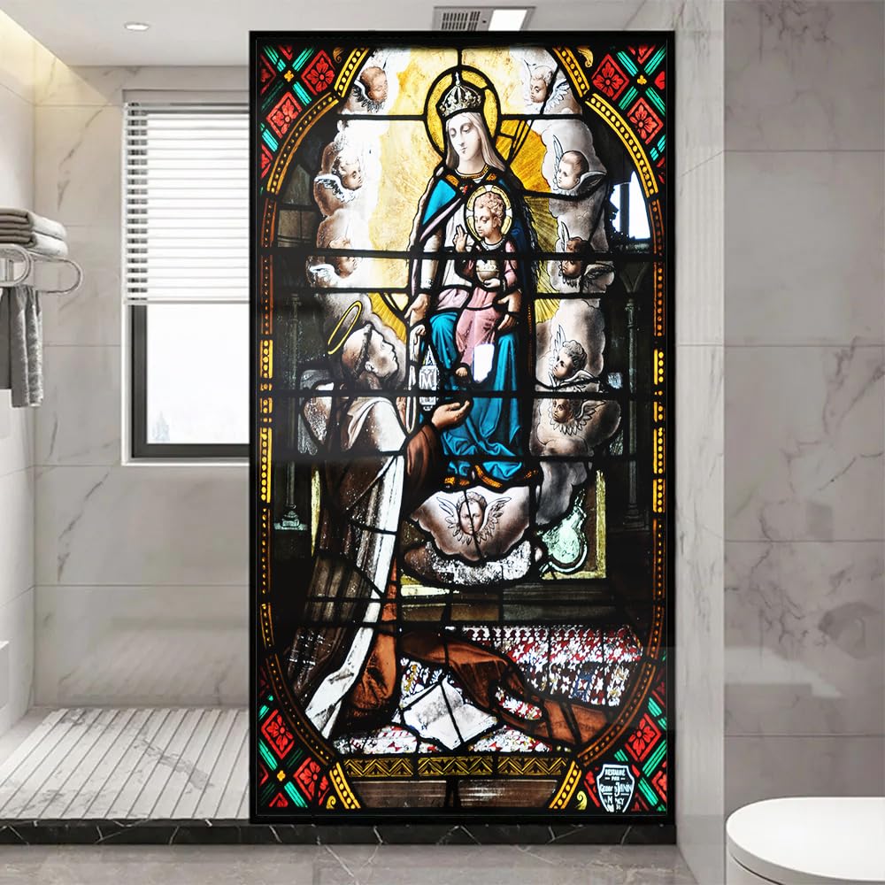Church Style Stained Glass Window Film Decorative Privacy Non Adhesive Window Stickers for Home Office J20 90x180cm(35.4