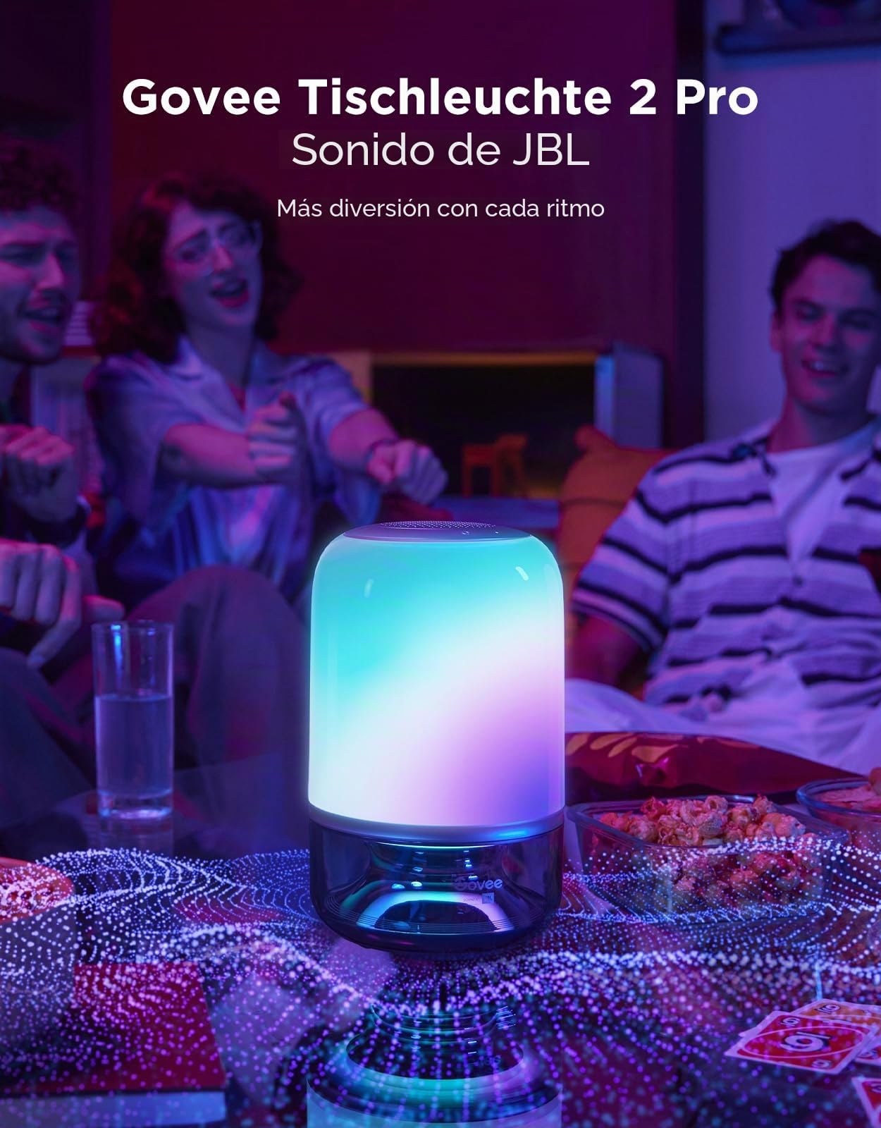 Govee Lámpara de Mesa 2 Pro con Sonido JBL, lámpara de noche con Bluetooth | Sincronización de Música y Luz,Más de 100 Modos de Escena,Portátil inalámbrico,Compatible con control por voz de Alexa/Matter