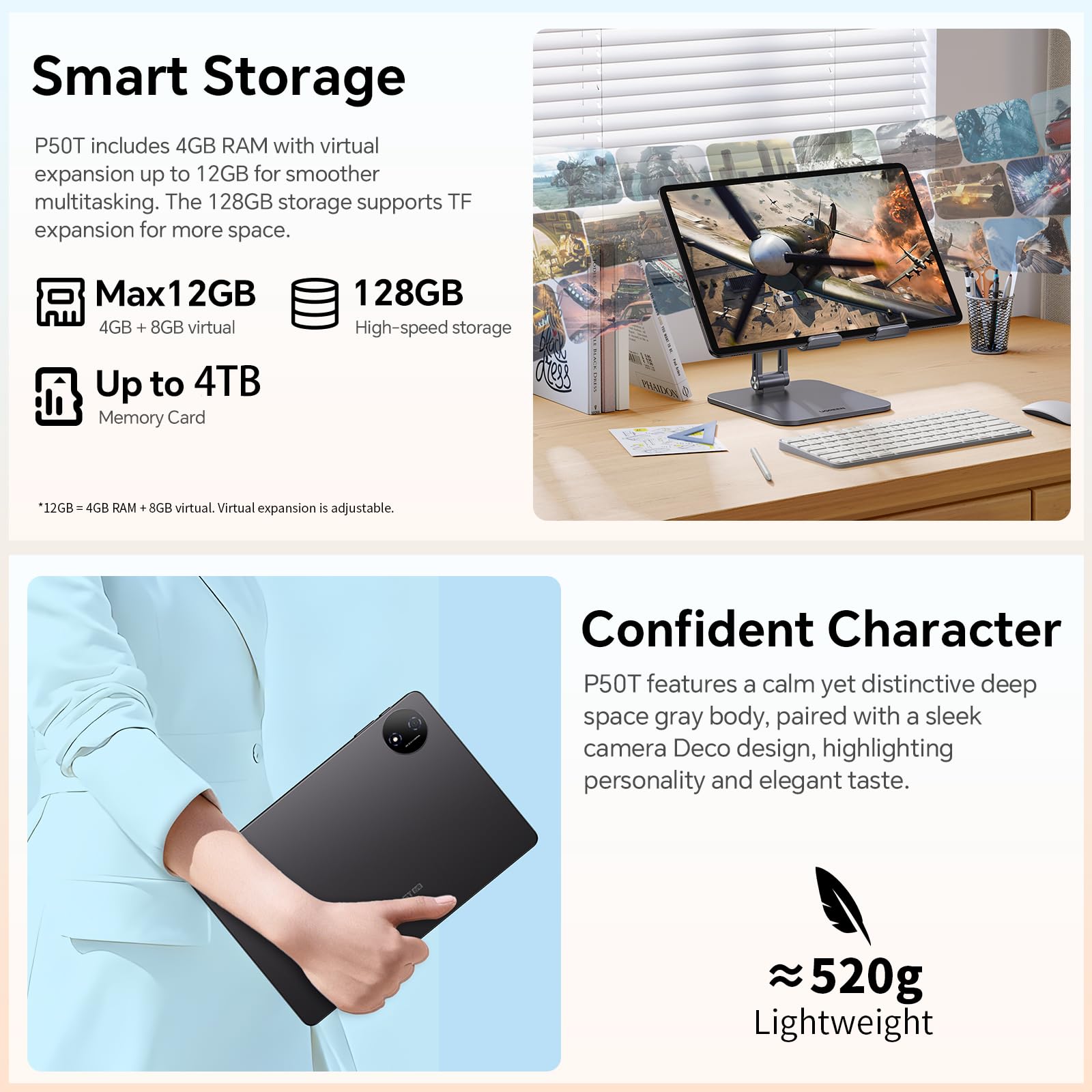 TECLAST P50T Android 16 Tablet 11 Pollici Gemini AI, 90Hz Display, T7200 2GHz Octa Core Gaming Tablets, 2.4G+5G WiFi, 12GB RAM 128GB (5TB TF), 7000mAh, Widevine L1, 13MP, GPS/BT5/OTG, Tablet Con Penna