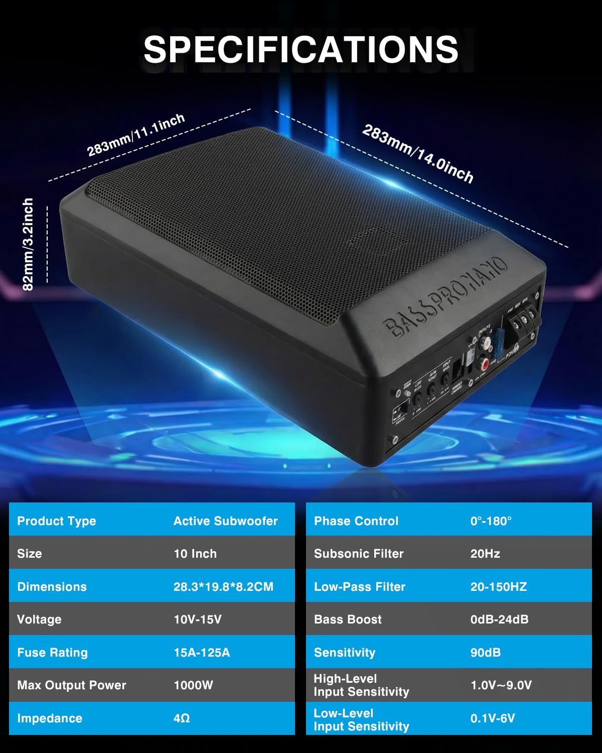 Caisson de Basse pour Voiture, Subwoofer Alimenté sous Le siège Ultra, Puissance Maximale de 1000W, Amplificateur Audio Intégré, Son Surround Stéréo, Subwoofer Compact de 10 Pouces, Noir