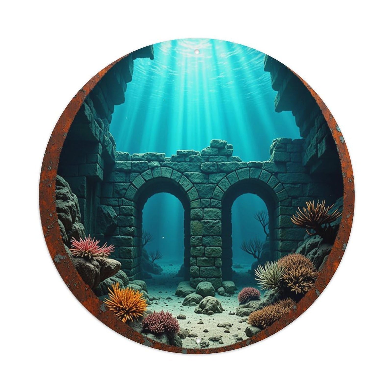 Underwater Ruins Coral Light Arch Vintage Round Tin Sign Retro Metal Wall Decor Metal Poster, Home Bar Garage Cafe Wall Art Decoration 8x8Inches