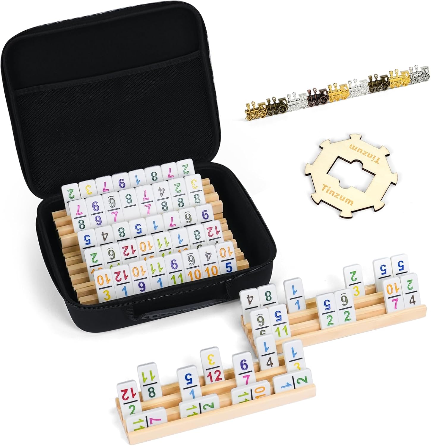 Mexican Train Dominoes Set with Numbers Double 12, Includes 4 Tiles Racks & 9 Metal Trains & Wooden Hub & 91 Colorful Dominoes Tiles with Portable Case for Game Night, Travel or Party