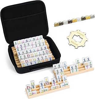 Mexican Train Dominoes Set with Numbers Double 12, Includes 4 Tiles Racks & 9 Metal Trains & Wooden Hub & 91 Colorful Dominoes Tiles with Portable Case for Family Game Night, Travel or Party