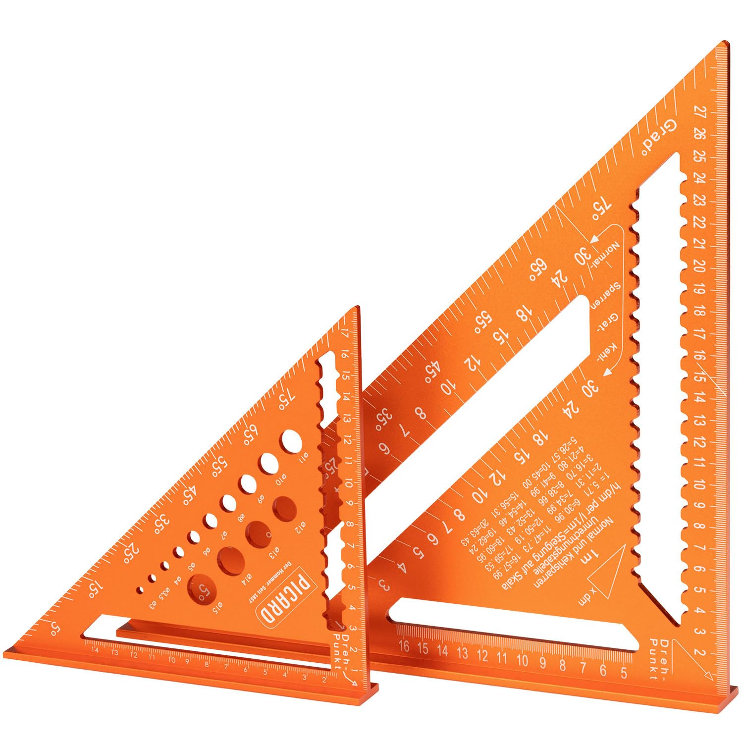PICARD Zimmermannswinkel Set 180 mm mit Bohrlehre + 300 mm mit Sparrenlehre | Präzise Anschlagwinkel & Schreinerwinkel | Profi Zimmererwinkel für Holzbau & Dachkonstruktion | Speed Square metrisch