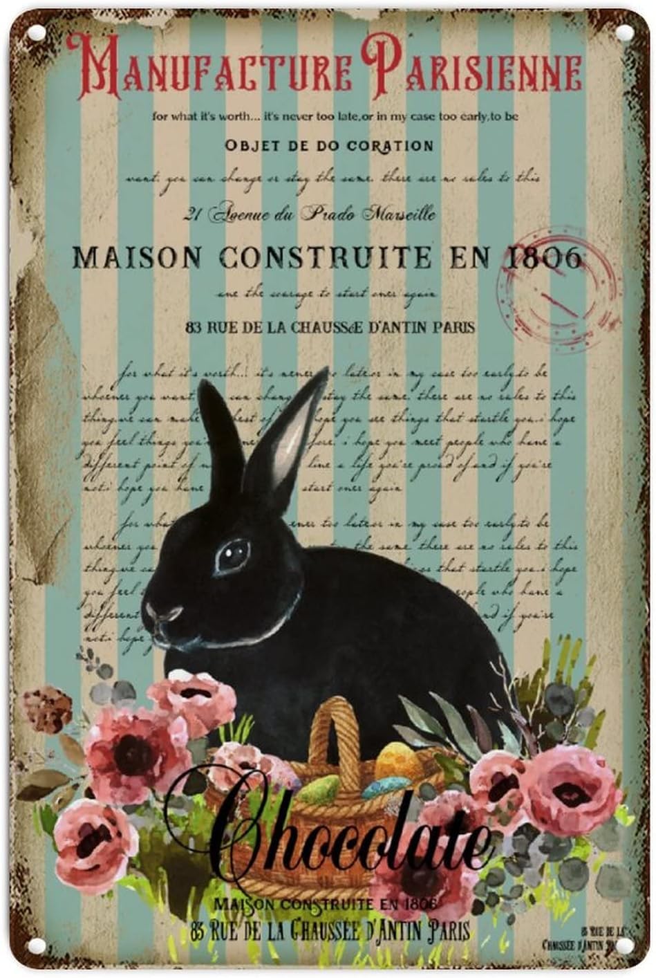 Kwqdozf As Pic French Style Easter Bunny Vintage Metal Aluminum Tin Sign Door Signs Exteri