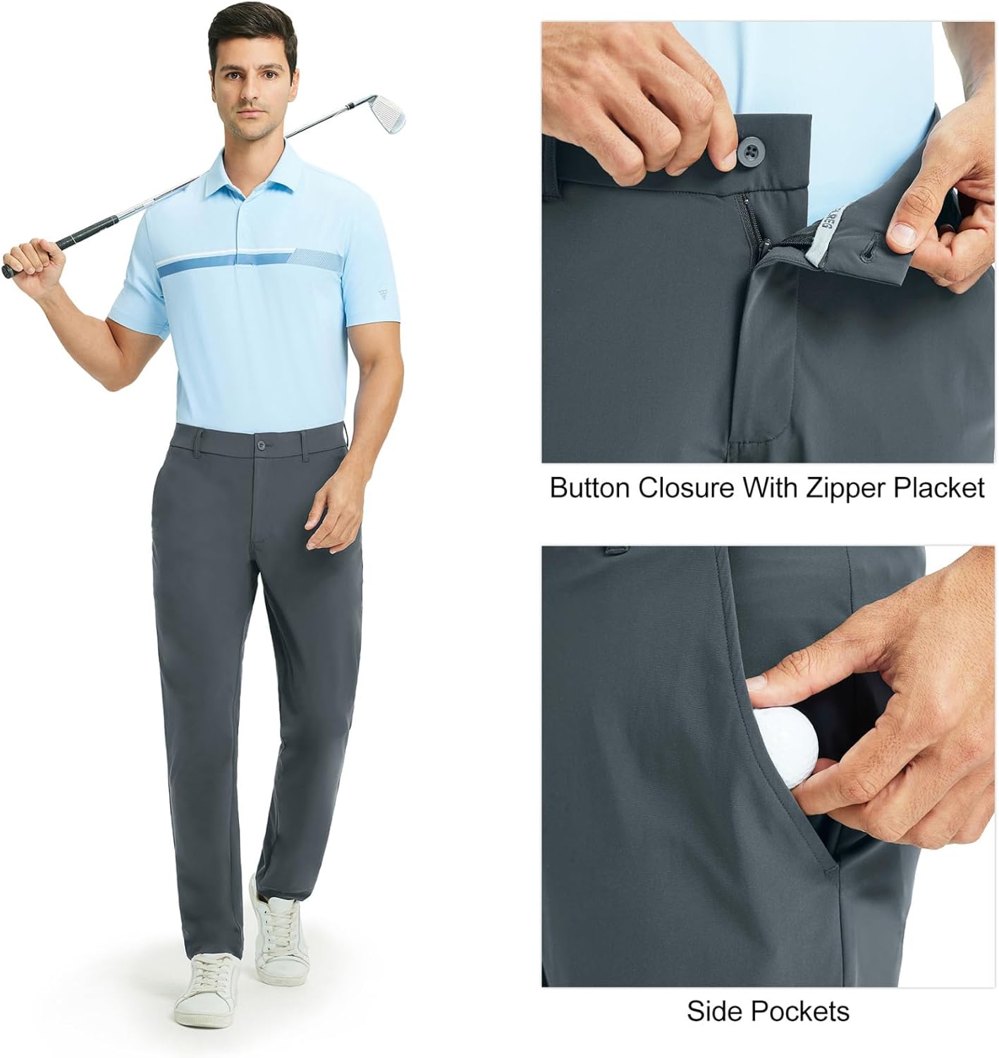 M MAELREG Mens Golf Pants Stretch 30"/32"/34" Quick Dry Lightweight Casual Business Mens Slacks with Pockets Dark Grey - Image 5