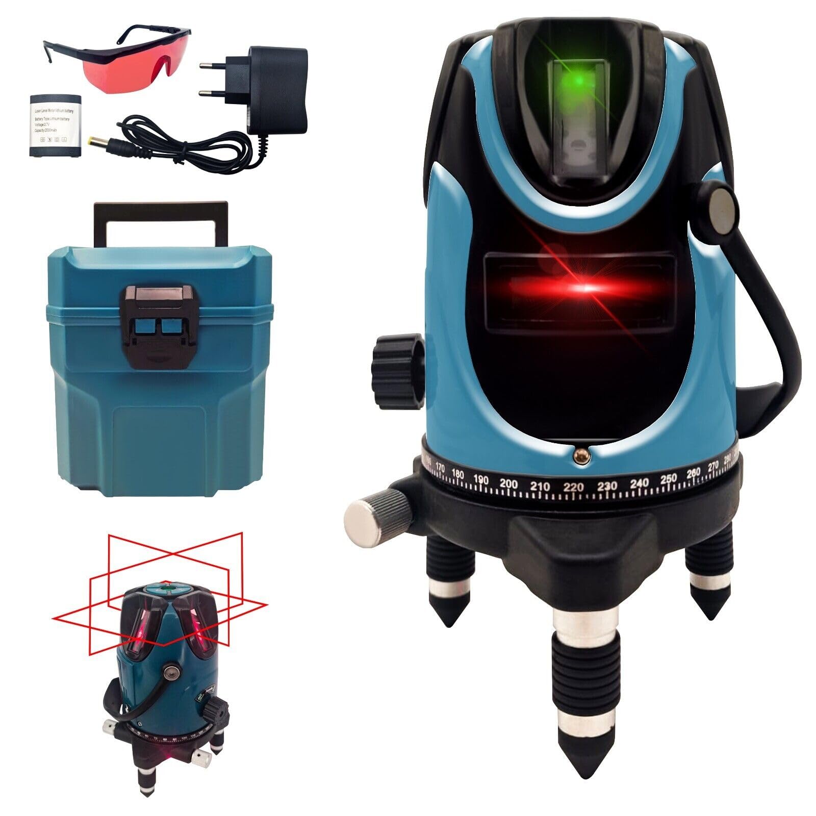 MAKA Livella Laser Autolivellante 360 4 Linee Professionale Luce Rossa Rotazione 10 Ore Autonomia Raggio 10 Metri Giroscopio Interno Linea Verticale ed Orizzontale Stabile (5 Laser)