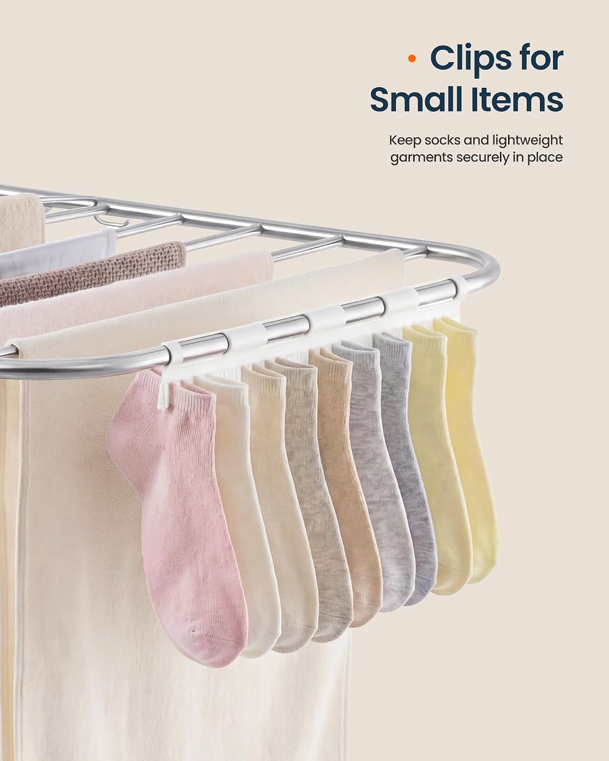 SONGMICS HOME Clothes Drying Rack with Wings, Foldable Laundry Rack with Sock Clips, Drying Clothes, Adjustable Height Airer for Indoor Outdoor Use, Silver and White