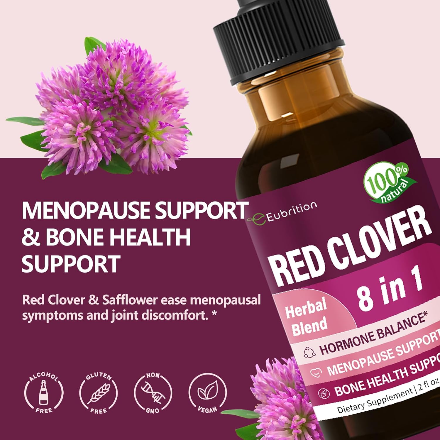 Red Clover Herb Extract Drops for Women Health Balance, 8-in-1 Herbal Formula Supplement for Menopause Hot Flashes Relief with Dong Quai & Shatavari Extract, Alcohol Free Tincture. 2oz - Image 2