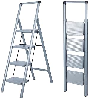 UZIRO Escalera Plegable 4 Peldaños, Liviana y Compacta, Diseño Decorativo, Peldaños Anchos Antideslizantes, Ideal para Uso en Hogar, Cocina y Oficina, Fácil de Guardar y Transportar, Alta Durabilidad
