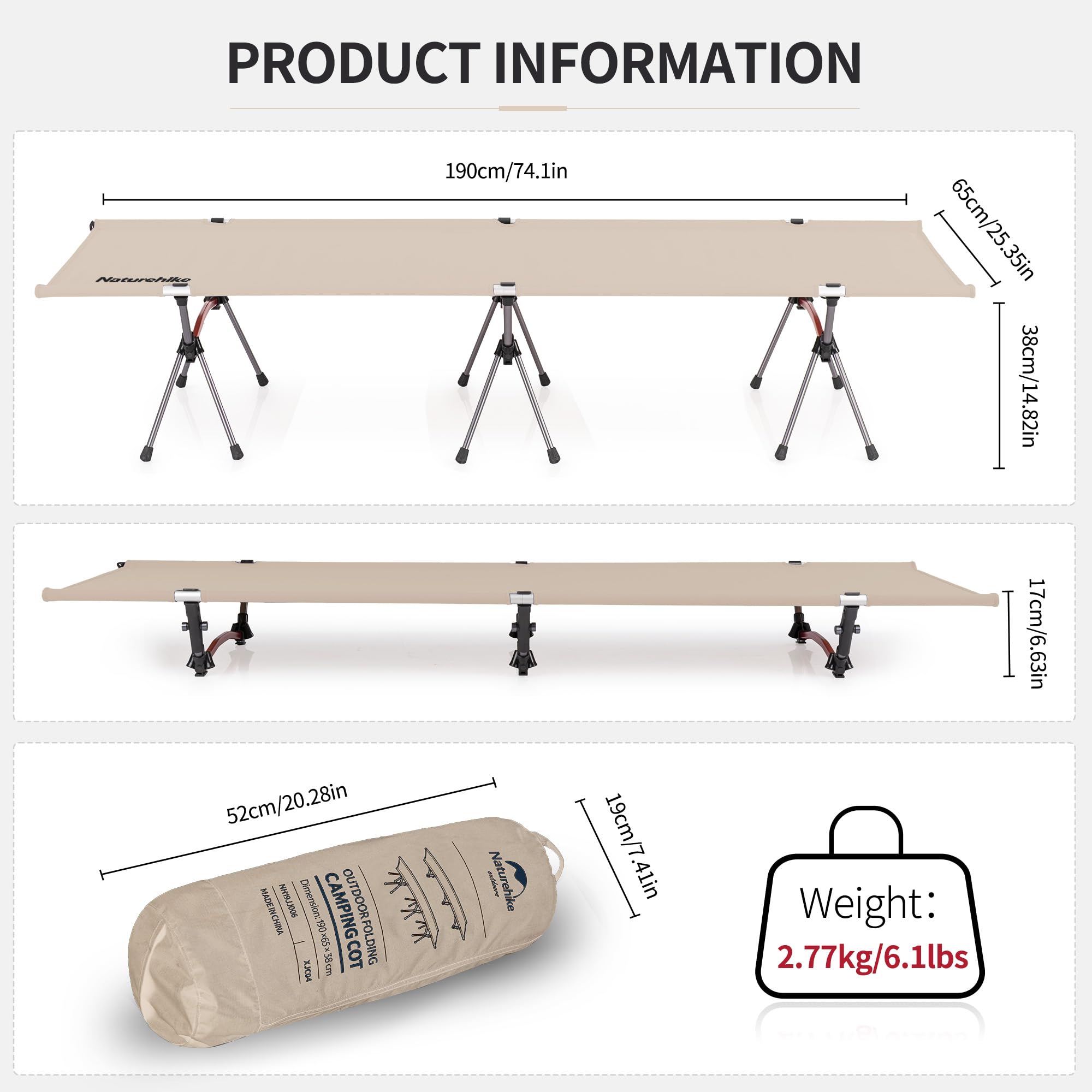 Naturehike - Cama de camping ultraligera, capacidad de carga de 150 kg, altura ajustable, plegable, portátil, ideal para camping, oficina o uso de invitados