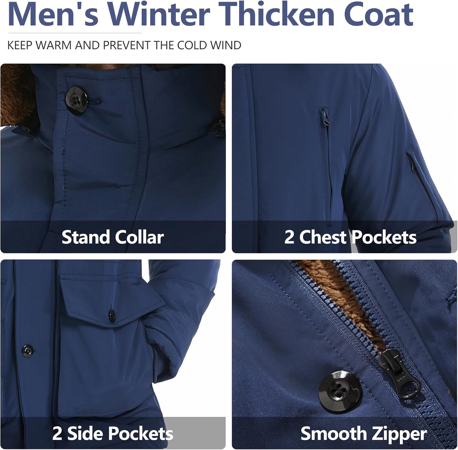 Men's Winter Thicken Coat Warm Faux Fur Lined Padded Puffer Parka Jacket with Removable Hood - Image 5