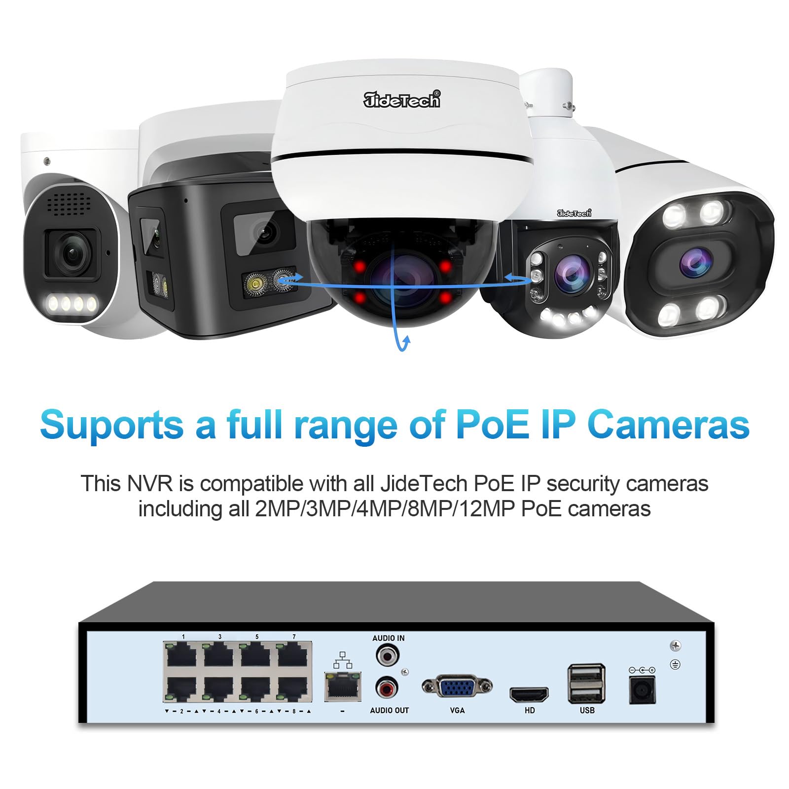 JideTech NVR 4K 8 canali PoE, 8 porte 16 CH espandibile Network Video Recorder per sistema di telecamere di sicurezza domestica 4K/2K/8MP/5MP/3MP/1080P, registrazione 24/7, disco rigido da 1 TB