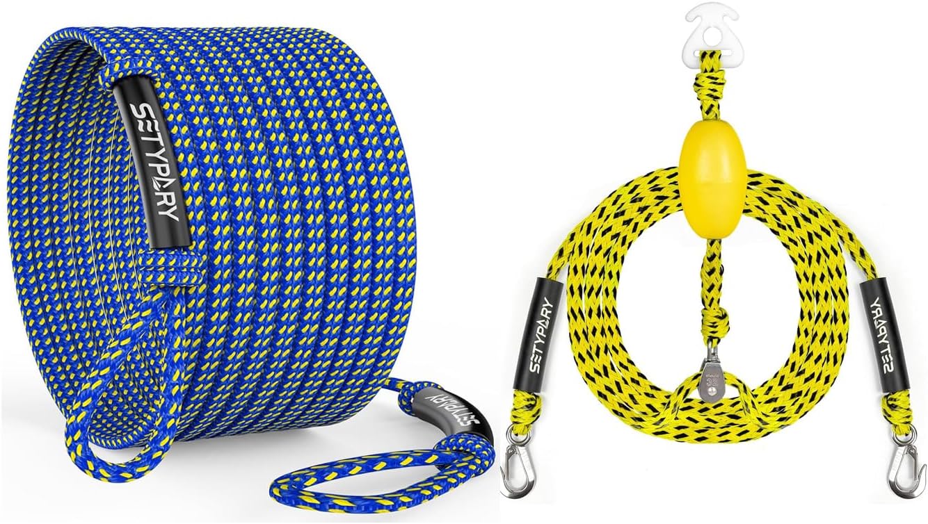 4K 60FT Boat Tow Rope (Blue & Yellow) & Self-Centering Tow Harness (Yellow & Black) Combo - Heavy-Duty Floating Tow Rope and Harness for 1-4 Riders, Perfect for Tubing and Watersports