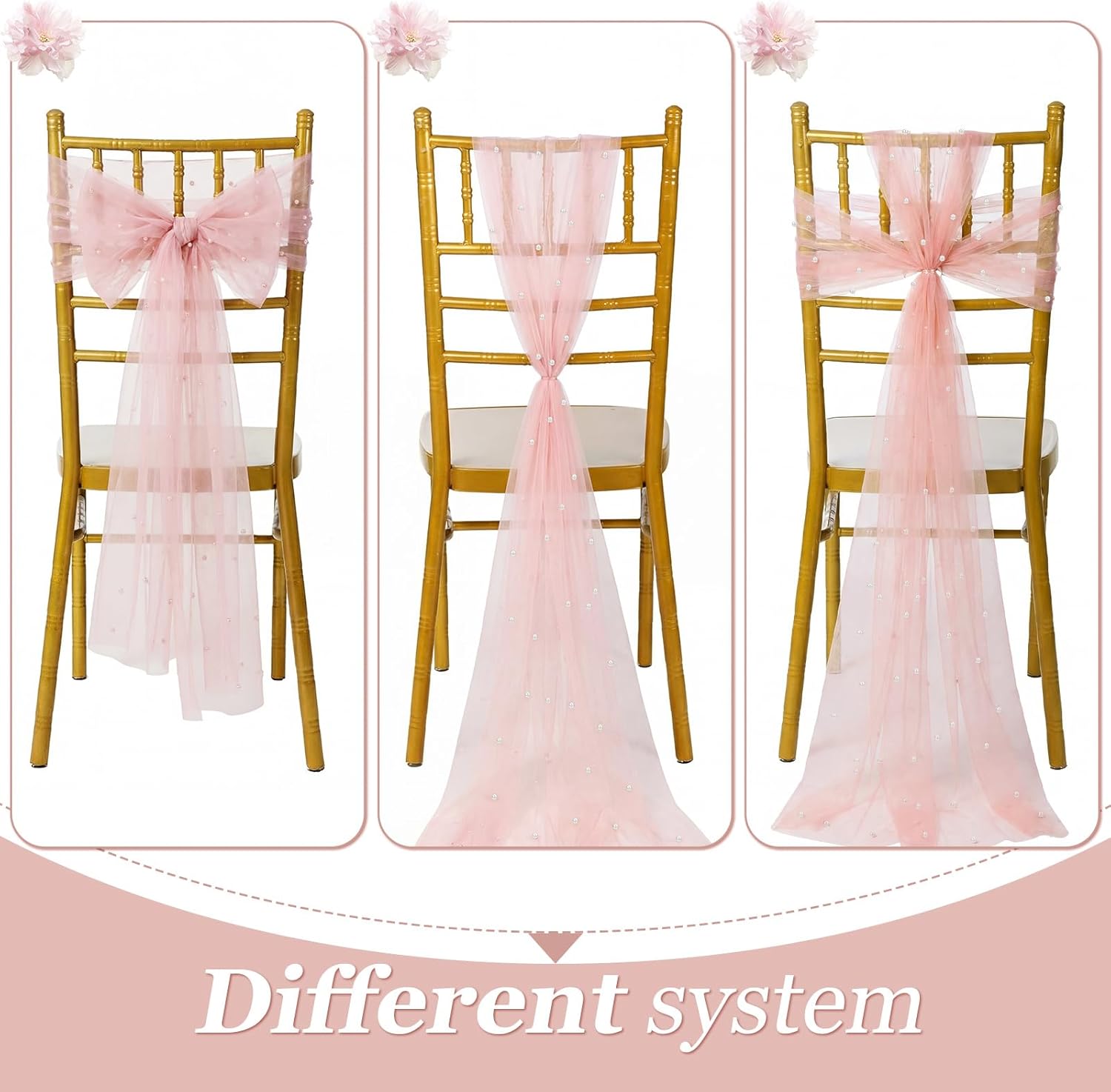 VitalCozy 50 Pcs Vintage Chair Sashes Embroidered Boho Bows Rustic Floral Chair Ties for Wedding Bridal Shower Baby Shower Birthday Party Table Decoration, 7 x 108 Inches(Pearls,Pink)