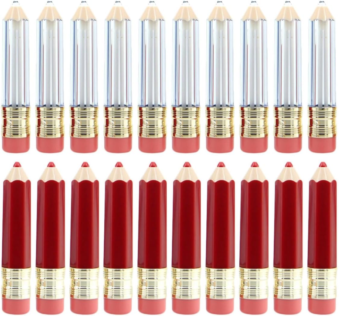 DOITOOL 20pcs Mini Pencil Shaped Empty Lip Gloss Tubes Set, Refillable Plastic Lipstick Containers and Red Caps, DIY Lip Balm Storage for Travel and Makeup Use