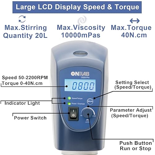Miniatura 3 de ONiLAB Agitador Eléctrico Superior, Mezclador Agitador Superior Digital LCD con Varilla de Agitación y Soporte, Potente 20L, 10000 mPas, 502200RPM
