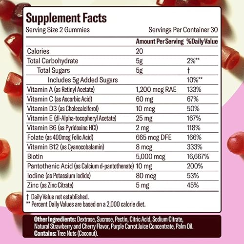 Miniatura 7 de Gomitas de retinol y biotina para una piel clara y suave, cabello y uñas saludables  Suplemento con zinc, vitaminas A, E y C  Sin OMG, sin gluten,