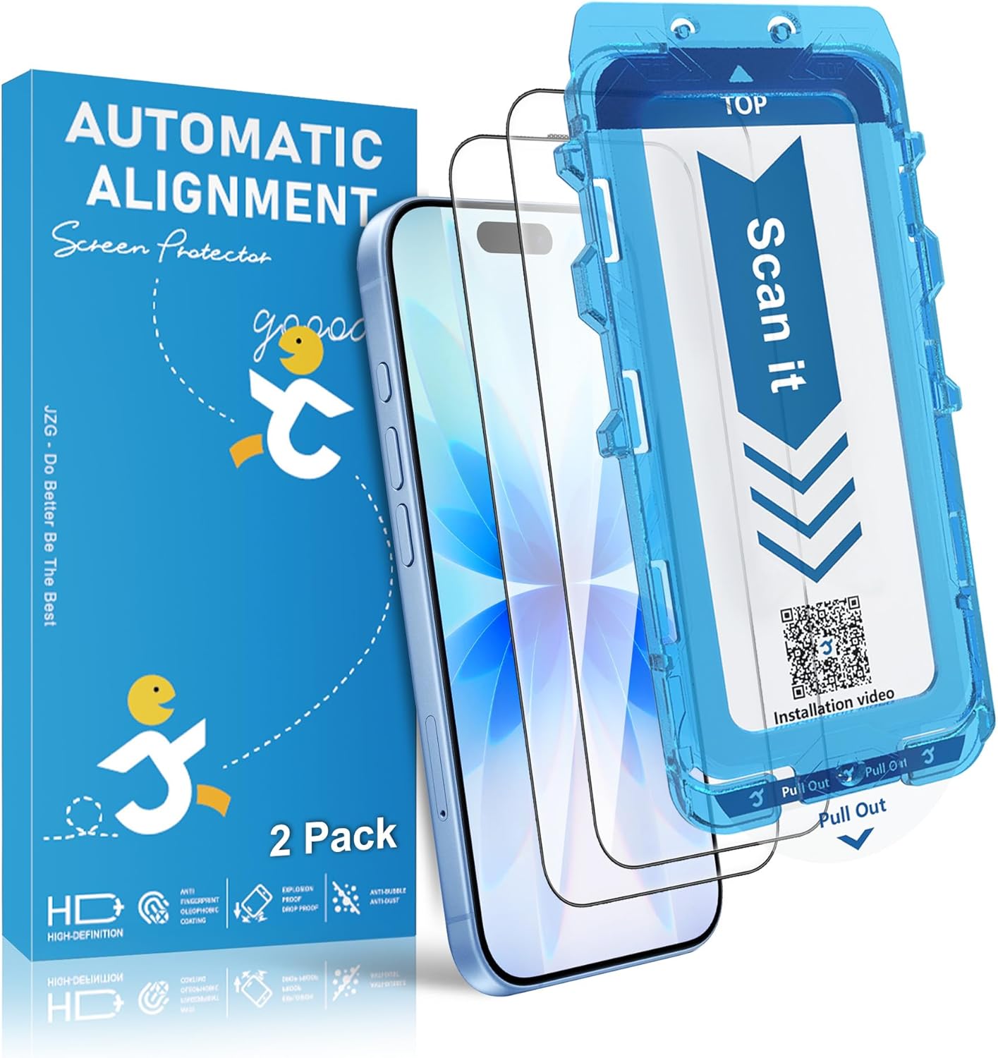 Product image of JZG 2 Pack Screen Protector for iPhone 17 6.3 Inch, One Step Install, Auto Dust-Elimination, Bubble Free, HD Clear, 9H Tempered Glass