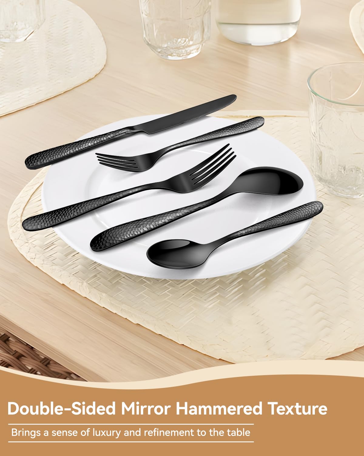 Hammered Silverware Set for 8, Heavy Duty 18/0 Black Flatware Set with Steak Knives, Aswwid 48 Pcs Stainless Steel Kitchen Cutlery Set Include Forks Spoons and Knives, Mirror Utensil Dishwasher Safe