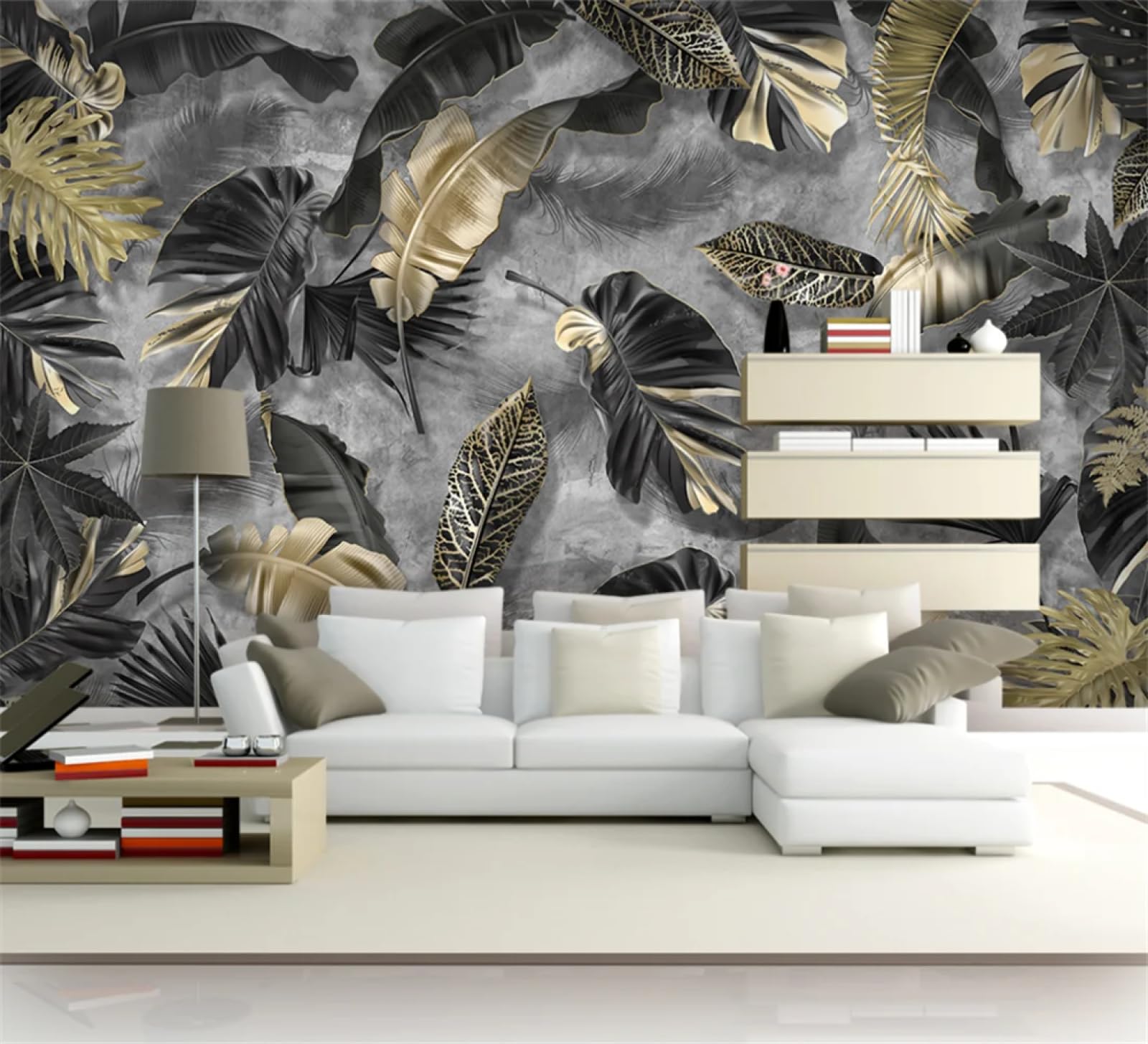 KoKoty 3D Photo Wallpaper Mural Tropical Plant Black Golden leaves-300 x 200 cm-Living Room TV Sofa Background Wall Home Decor Mural Wallpaper