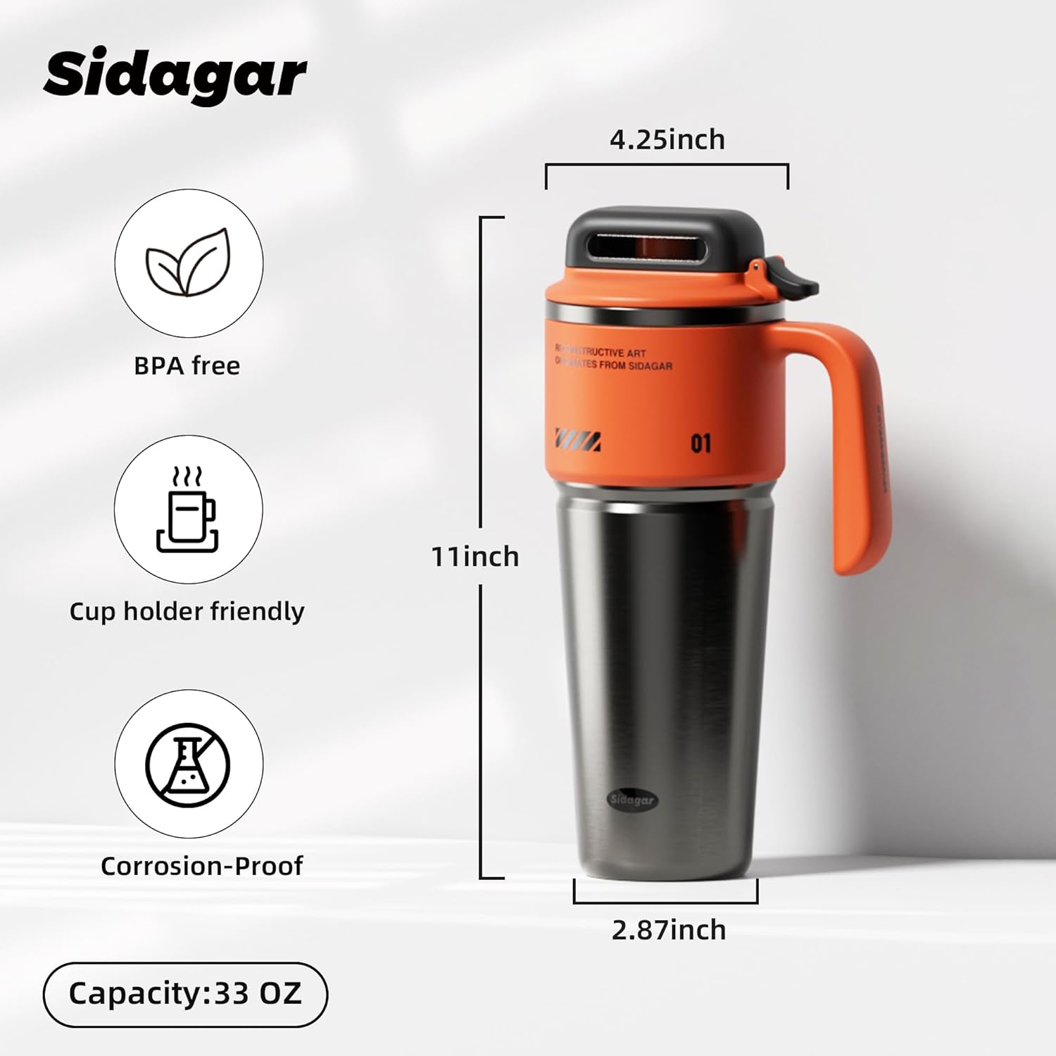 32 oz Stainless Steel Insulated Water Bottle with Handle for Men, Sports Tumbler with Lid, Push-button Leak-proof Travel Cup, Gaming Desk Hydration, Fits in Car Cup Holder - Dynamic Orange - Image 3
