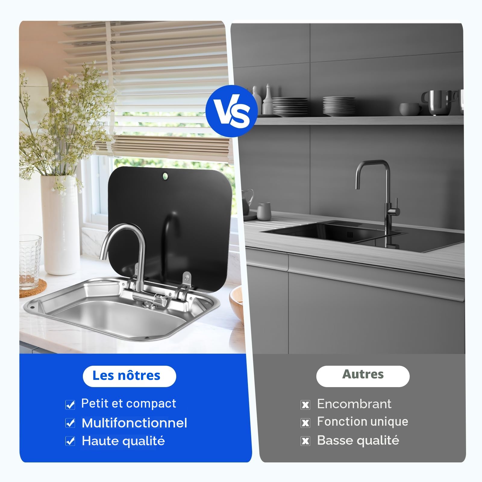Lavabo simple à fermeture éclair avec couvercle, 41 x 36,5 x 16 cm, pour caravane, bateau, en acier inoxydable, pour camping-car, camping-car