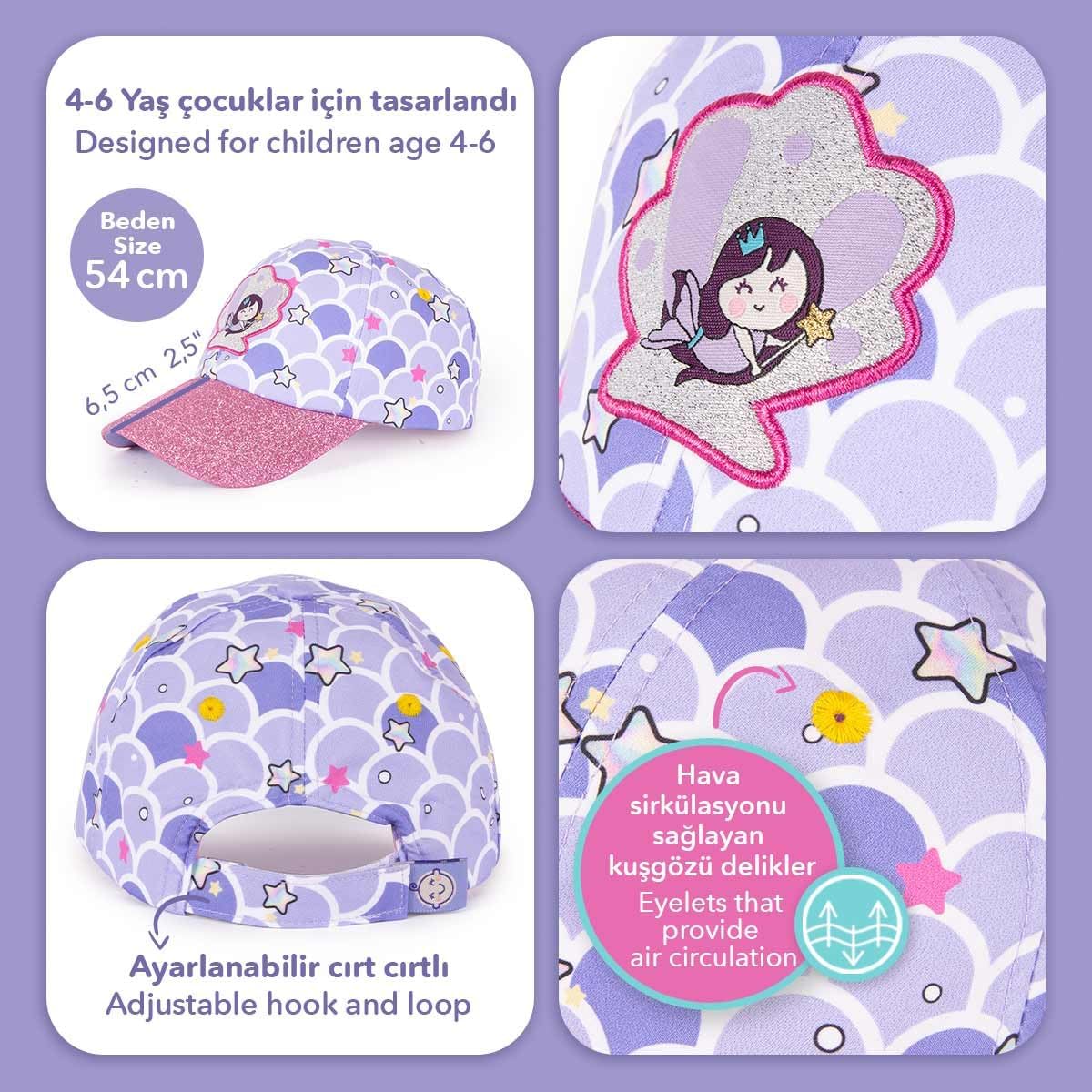 Milk&Moo Little Mermaid Glitter Adjustable Girls' Baseball Cap – Ages 4–6, Breathable Sun Protection Summer Hat with Mermaid Embroidery Multicolor